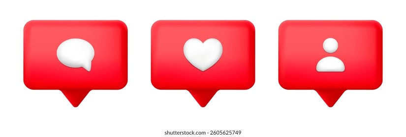 Set of icons for notifications in social network about a new like, comment, follower. Vector illustration in 3D style