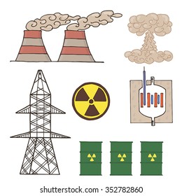 set of icons nuclear energy. Nuclear energy vector. Development of nuclear energy.