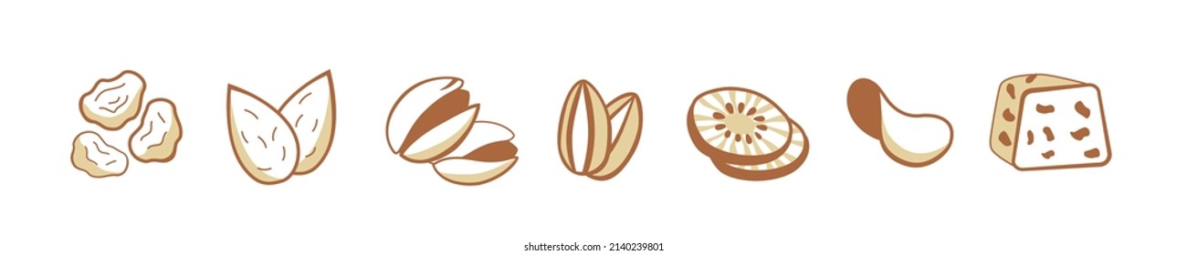 a set of icons - nuts and dried fruit, chip, halve, almonds, pistachio, sunflower seeds
