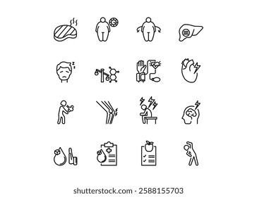 Set of icons for obesity. Editable stroke. Vector illustration