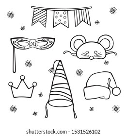  Set of icons and objects for Christmas and New Year parties. Vector cartoon hand drawn icons.Black and white illustrations for coloring pages. Isolated on white background.