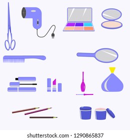 Set of icons with objects to create makeup and hair. Icons lipstick, mascara, comb, hair dryer, perfume, nail Polish, mirror, powder, shadows. Vector image
