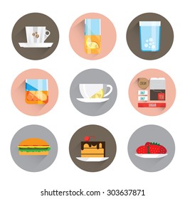Set icons of objects and products for breakfast. It includes tea, coffee, sandwiches, juice and more. Background white.