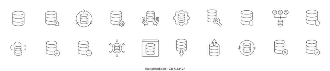 Set of icons with objects related to data base in linear style. Vector illustration.