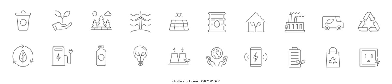 Set of icons with objects related to environment in linear style. Vector illustration.