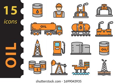 Set of icons for the oil and gas industry in color. Vector illustration in flat style.