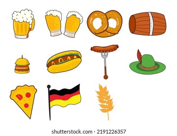 set of icons of the Oktoberfest beer festival. Beer, sausage on a fork, gingerbread, beer barrel, burger, hot dog. Vector illustration.