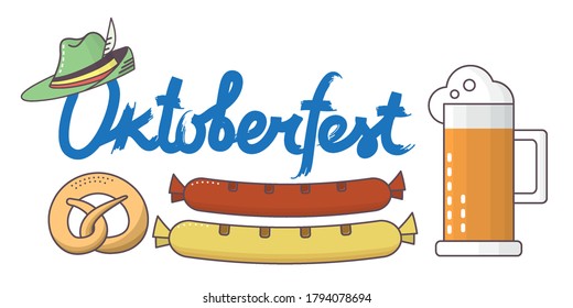 set of icons for Oktoberfest - Oktoberfest logo lettering, beer mug, pretzel, sausage, German hat - icons in cartoon style