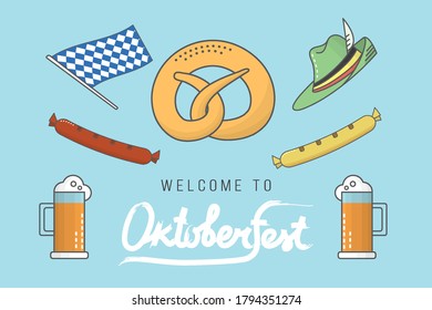 set of icons for Oktoberfest - Oktoberfest logo lettering, beer mug, pretzel, sausage, German hat - icons in cartoon style