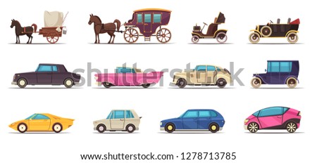 Set of icons old and modern ground transportation including various cars and horse carriages isolated vector illustration