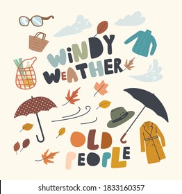 Set Icons Old People in Windy Weather Theme. Umbrella, Coat, Hat and String Bag with Grocery, Sweater, Fallen Tree Leaves and Glasses with Bag. Autumn Season, Strong Wind. Linear Vector Illustration
