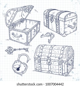 set icons old pirate chests with lock and keys