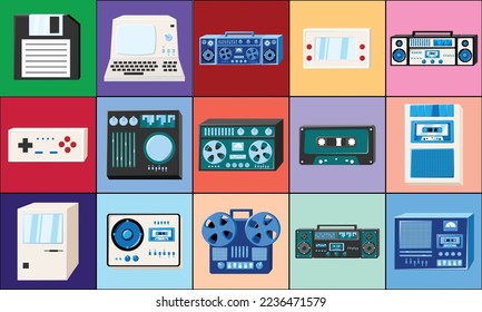 Set of icons old retro vintage hipster tech electronics: cassette audio tape recorder, computer, game consoles for video games from the 70s, 80s, 90s. Vector illustration