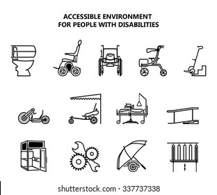 Set of icons on accessible environment for people with disabilities. Vector illustration.