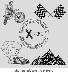 A set of icons on auto and motorsport. The mountains.