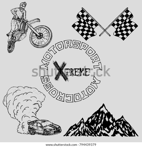 A set\
of icons on auto and motorsport. The\
mountains.