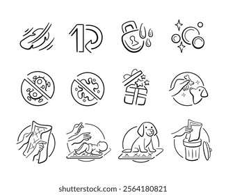 Set of icons on baby care theme, super soft, disposable, leak proof, antibacterial etc. in line style.