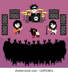 Set of icons on black metal rock band theme in pixel art style, vector illustration