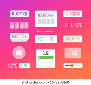 Set of icons on brightly colored psychedelic background graduating from orange through purple magenta with date, hashtag, countdown, poll, quiz, mention, questions and Gif, vector illustration