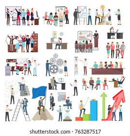 Set of icons on business theme representing workers activity, such as partying, thinking and planning project, meeting vector illustration