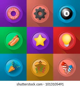 Set of Icons on Buttons on Color Background . Fully Scalable Vector Elements