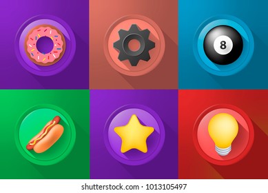 Set of Icons on Buttons on Color Background . Fully Scalable Vector Elements
