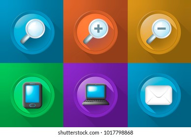 Set of Icons on Buttons on Color Background . Fully Scalable Vector Elements