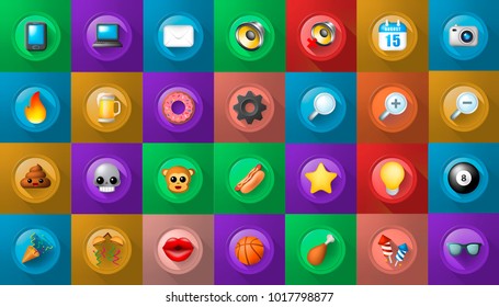 Set of Icons on Buttons on Color Background . Fully Scalable Vector Elements