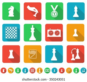 Set of icons on the chess theme. Flat design with long shadow. Vector illustration.