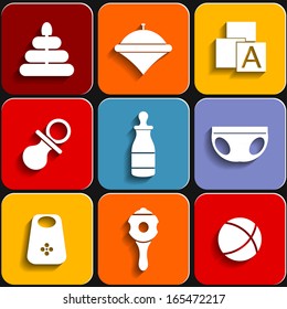 Set of icons on a children's flat colored background