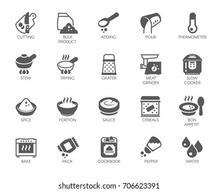 Set Of Icons On Cookery Theme Isolated On White Background. Flat Labels For Cooking Projects, Home Appliances, Products, Stickers, Printing In Books, Buttons On Sites And Apps. Vector Illustration