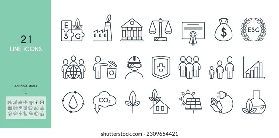  Set of icons on the environmental, social and governance aspects of sustainable and ethical business. ESG concept. Corporate