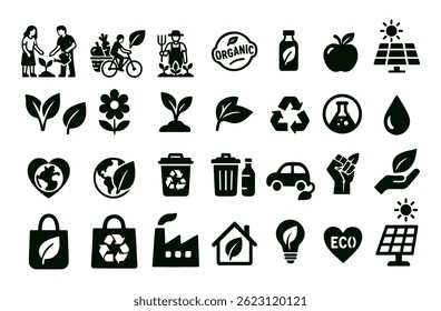 Set of icons on environmental themes. Monochrome design elements for eco themes. Vector illustration EPS 10