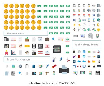 Set icons on finance, technology, design, notices, office supplies, media, communications.