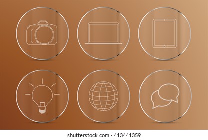 Set of icons on glass circle with metallic edge on gold gradient