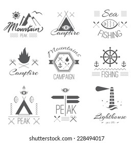 Set of icons on a hike in the mystical retro style design for t-shirt prints black and white silhouette