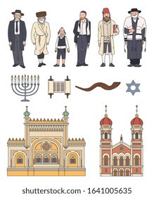 Set of icons on jewish and judaism topic including people cartoon characters and famous Israel landmarks, sketch vector illustration isolated on white background.