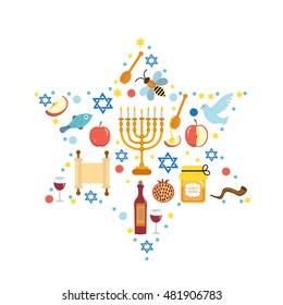 Set icons on the Jewish New Year, Rosh Hashanah, Shana Tova. Rosh Hashanah greeting card. Cartoon icons flat style. Traditional symbols of Jewish culture. Vector illustration.