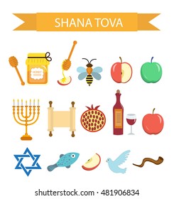 Set icons on the Jewish New Year, Rosh Hashanah, Shana Tova. Cartoon icons flat style. Traditional symbols of Jewish culture. Vector illustration.