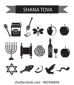 Set icons on the Jewish new year, black silhouette icon, Rosh Hashanah, Shana Tova. Cartoon icons flat style. Traditional symbols of Jewish culture. Vector illustration.