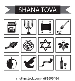 Set icons on the Jewish new year, black silhouette icon, Rosh Hashanah, Shana Tova. Cartoon icons flat style. Traditional symbols of Jewish culture. Vector illustration.