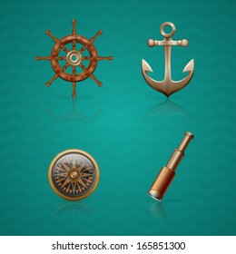 set of icons on the marine theme, the steering wheel, anchor, compass and spyglass on aqua background 
