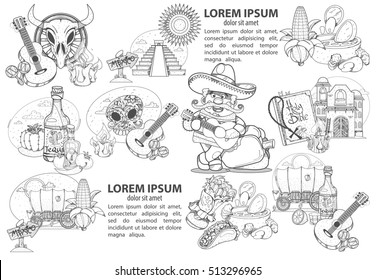Set of icons on a Mexican theme. Mexican food and household items. Illustrations coloring.