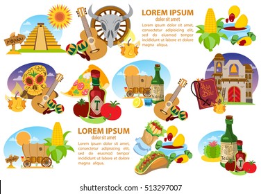 Set of icons on a Mexican theme. Mexican food and household items.