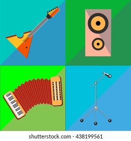 Set icons on musical instruments two-tone background in the style of flat