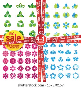 Set of icons on the nature theme, water, leaf, flowers. Special offer 4 in 1 package. Big Sale!