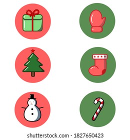 A set of icons on a new year's theme. Vector image. Gift, mitten, Christmas tree, snowman, Lollipop, sock for gifts.