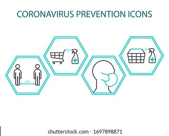 A set of icons on the prevention of coronavirus when shopping - the use of a medical mask, disinfection of carts and baskets, maintaining a social distance. Vector illustration