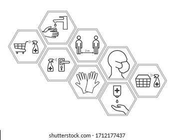 A set of icons on the prevention of coronavirus when shopping - the use of a medical mask and gloves, wash hands, disinfection of carts and baskets, maintaining a social distance. Vector illustration