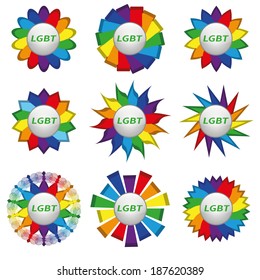 Set of icons on a rainbow background with white text lgbt. 